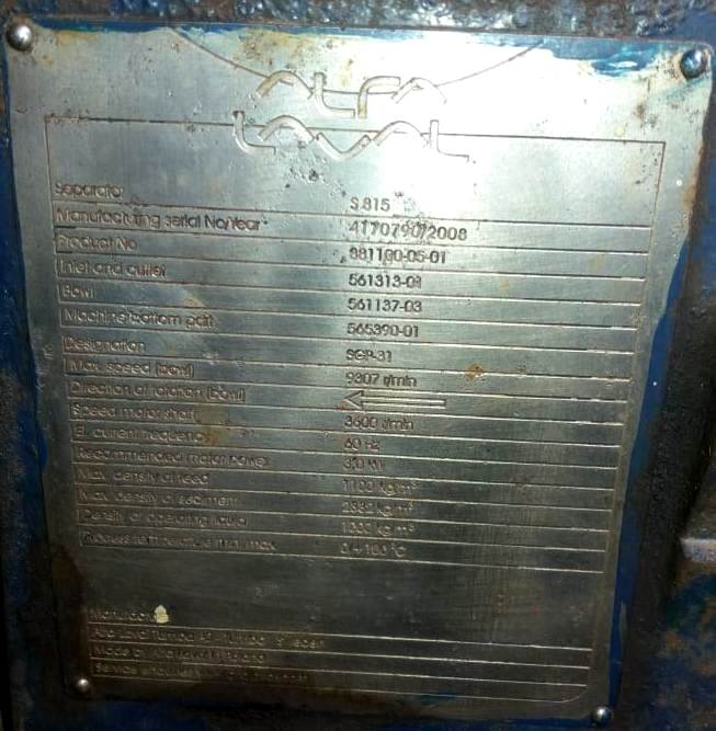 AlfaLaval S815 ALCAP fuel/lube oil clarifier, 316SS