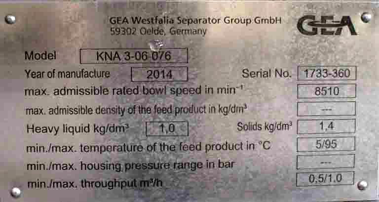 Westfalia KNA 3-06-076 quark separator, 316SS.