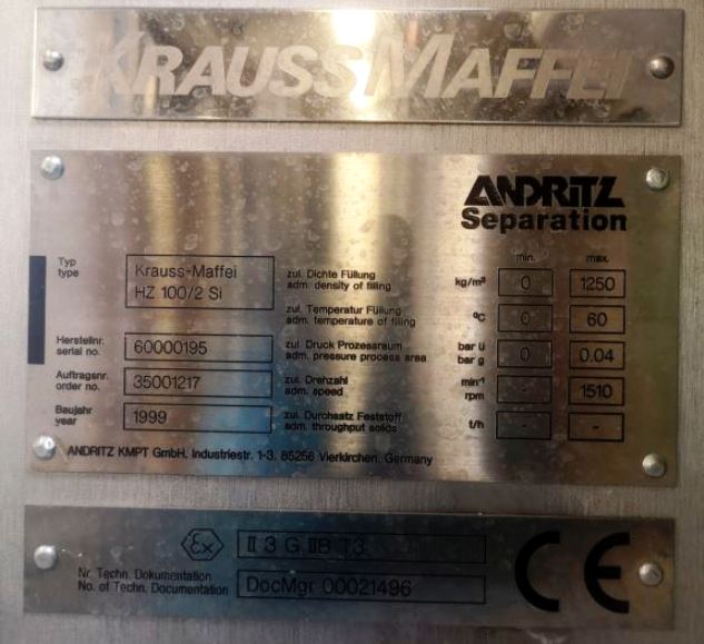 Krauss-Maffei HZ 100/2.0 Si peeler centrifuge, 316SS.