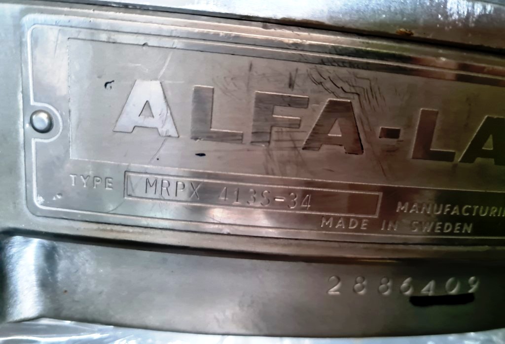 Alfa-Laval MRPX 413S-34 clarifier centrifuge, 316SS.