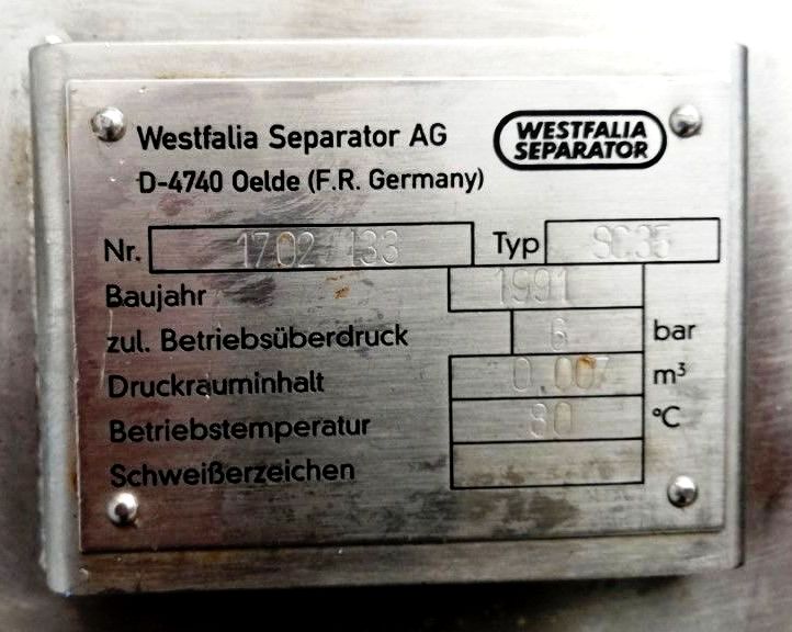 Westfalia SC 35-06-577 Hydrostop clarifier, 316SS.