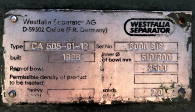 Westfalia CA 505-00-12 decanter centrifuge, 316SS.
