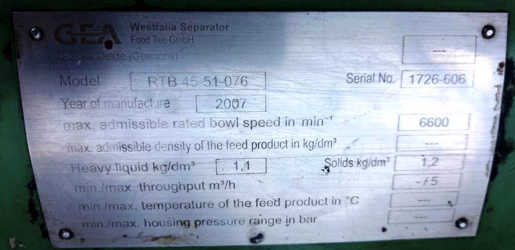 (2) Westfalia RTB 45-51-076 XP solid bowl separators, 316SS.