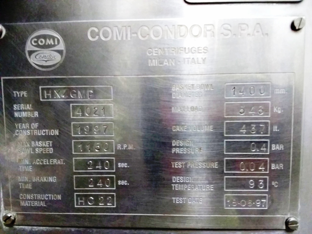 Comi-Condor HX/GMP 1400/650 peeler centrifuge, Hastelloy C22.