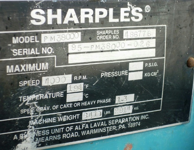 Sharples PM-38,000 Super-D-Canter centrifuge, 316SS.