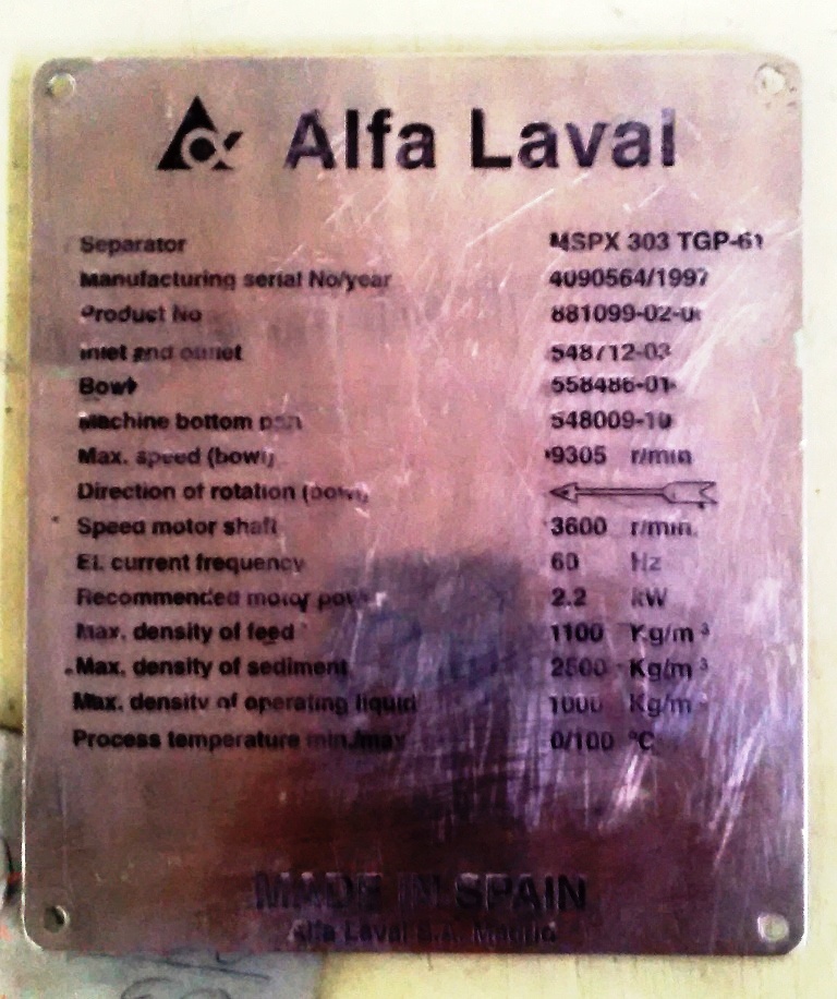 Alfa-Laval MSPX 303 TGP-61 mud separator.                  