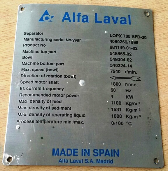 (2) Alfa-Laval LOPX 705 SFD-30 clarifiers, SS.             
