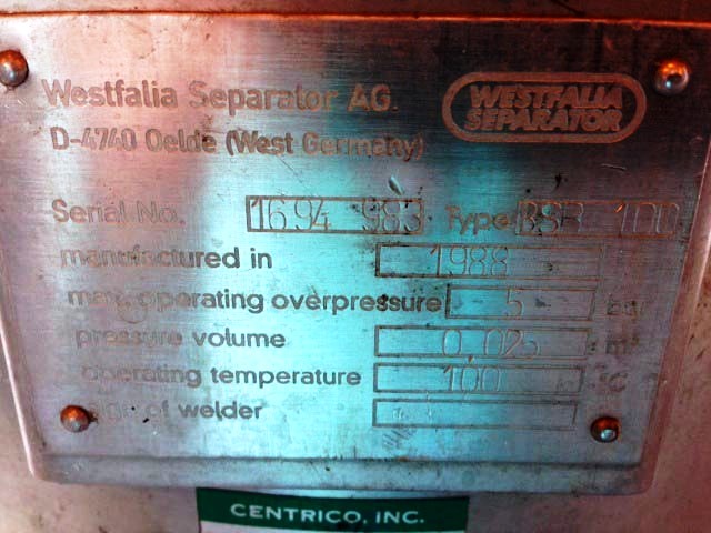 Westfalia SA 7-06-076 clarifier centrifuge, 316SS.         