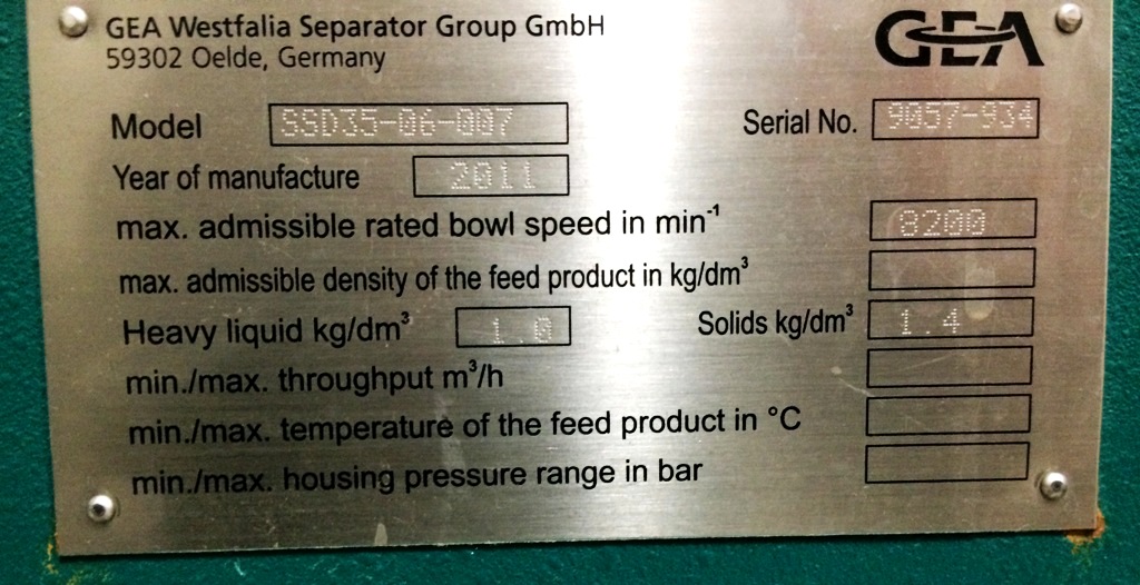Westfalia SSD 35-06-007 Hydrostop clarifier, 316SS.