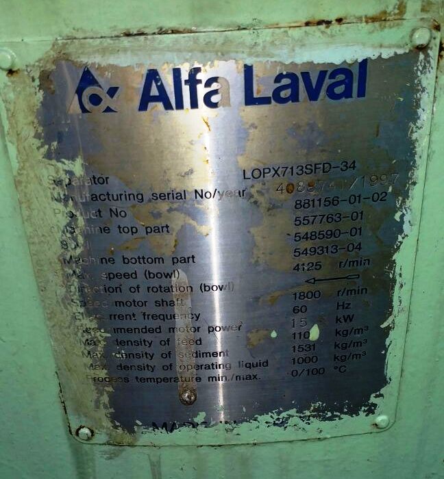 Alfa-Laval LOPX 713 SFD-34-60 lube oil purifiers, SS.      