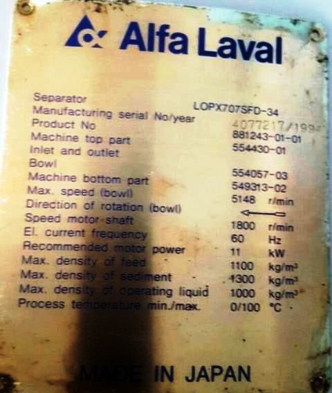 (2) Alfa-Laval LOPX 707 SFD-34 clarifiers, SS.             