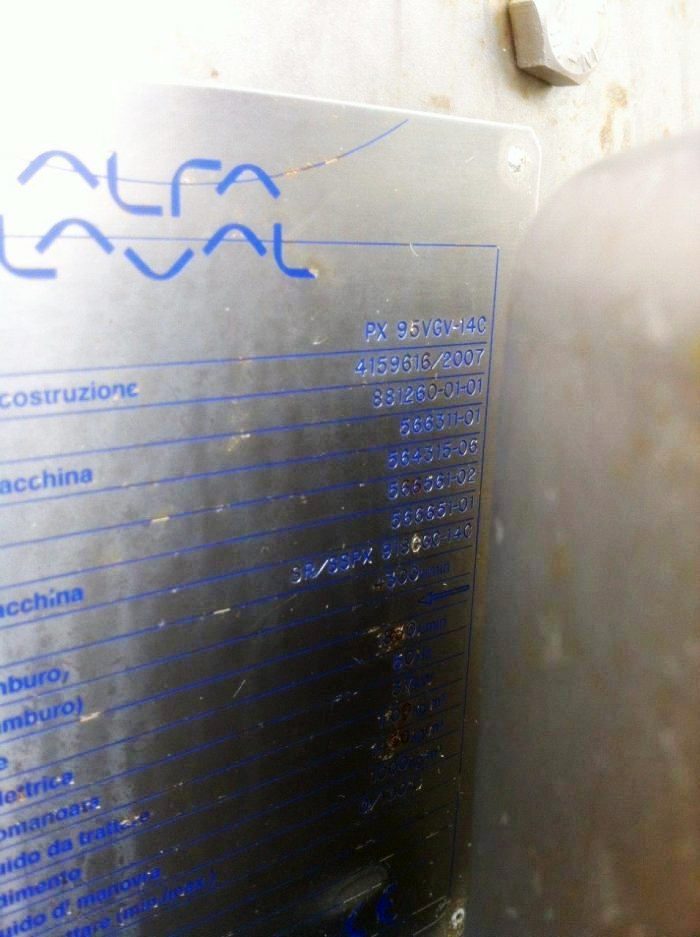 Alfa-Laval PX 95 VGV-14C vegetable oil separator, 316SS.