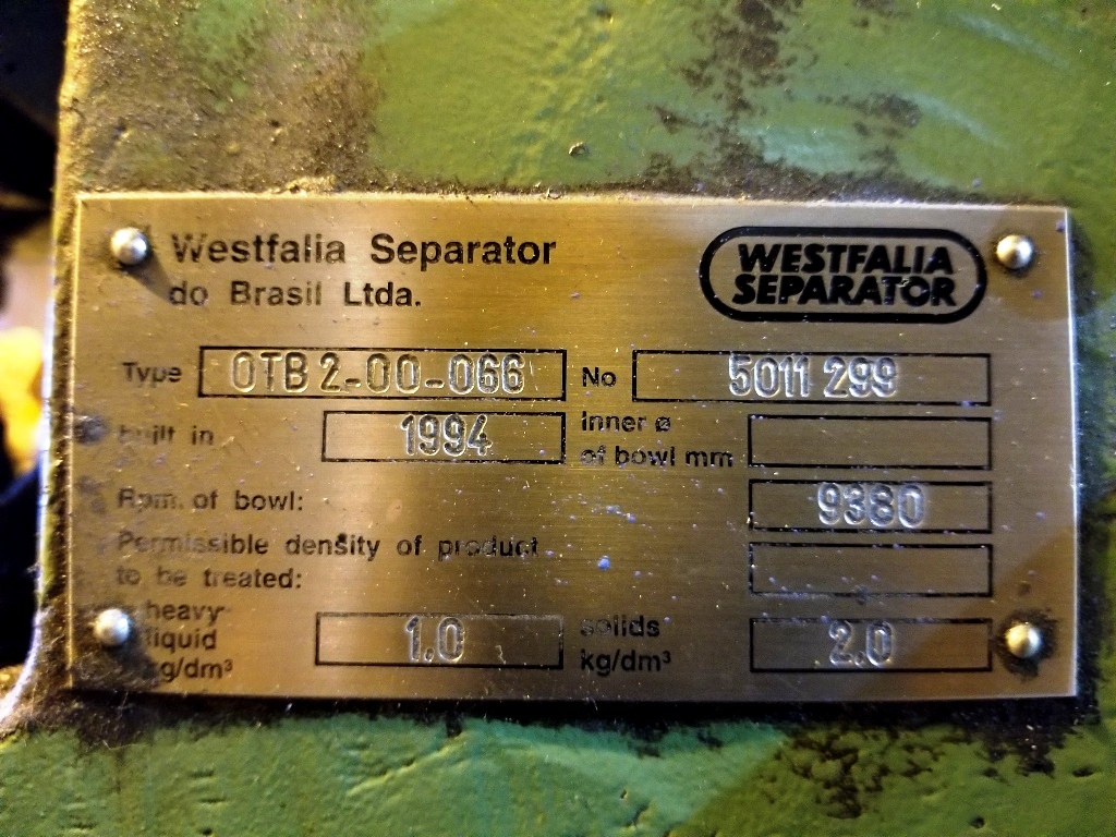 Westfalia OTB 2-00-066 oil purifier, SS.