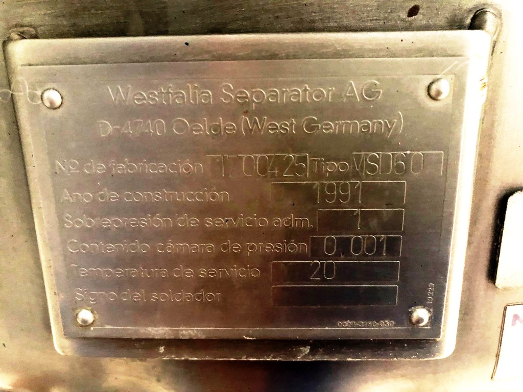 Westfalia MSD 60-96-076 whey clarifier, 316SS.