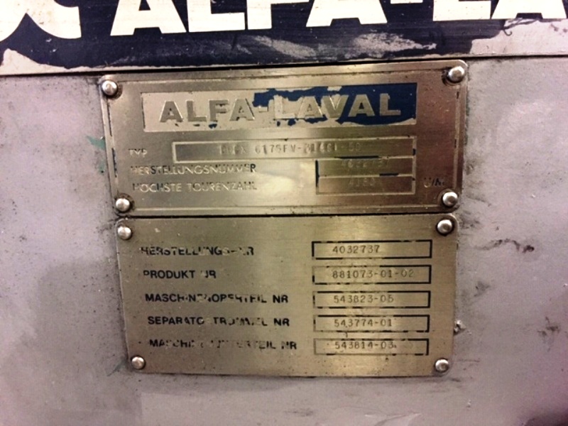Alfa-Laval BRPX 617 SFV-31CGL-50 clarifier, 316SS.
