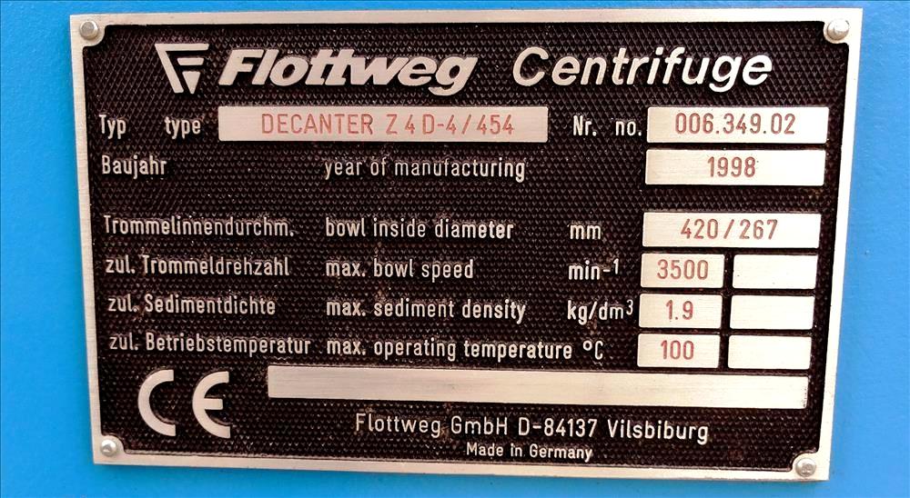 Flottweg Z4D-4/454 decanter centrifuge, 316SS.