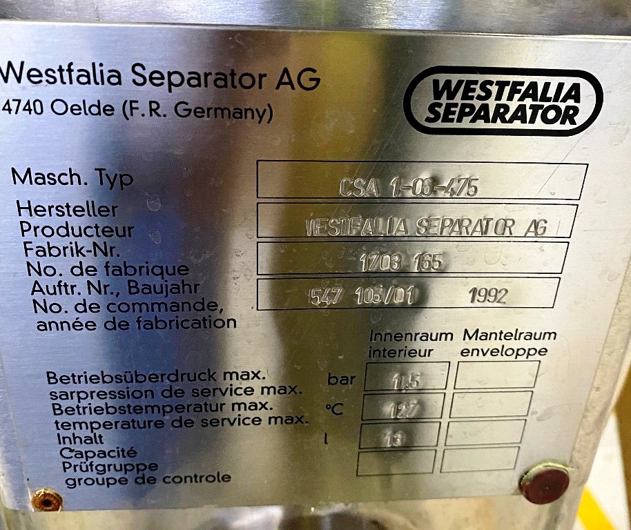 Westfalia CSA 1-06-475 biotech clarifier, 316L SS.