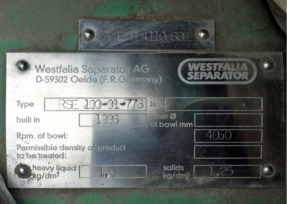 Westfalia RSE 100-01-776 veg oil separator, 316SS.