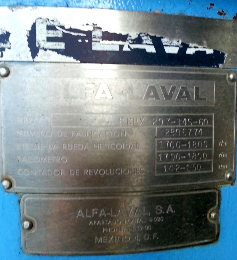 Alfa-Laval BRPX 207-34S-60 clarifier centrifuge, 316SS.