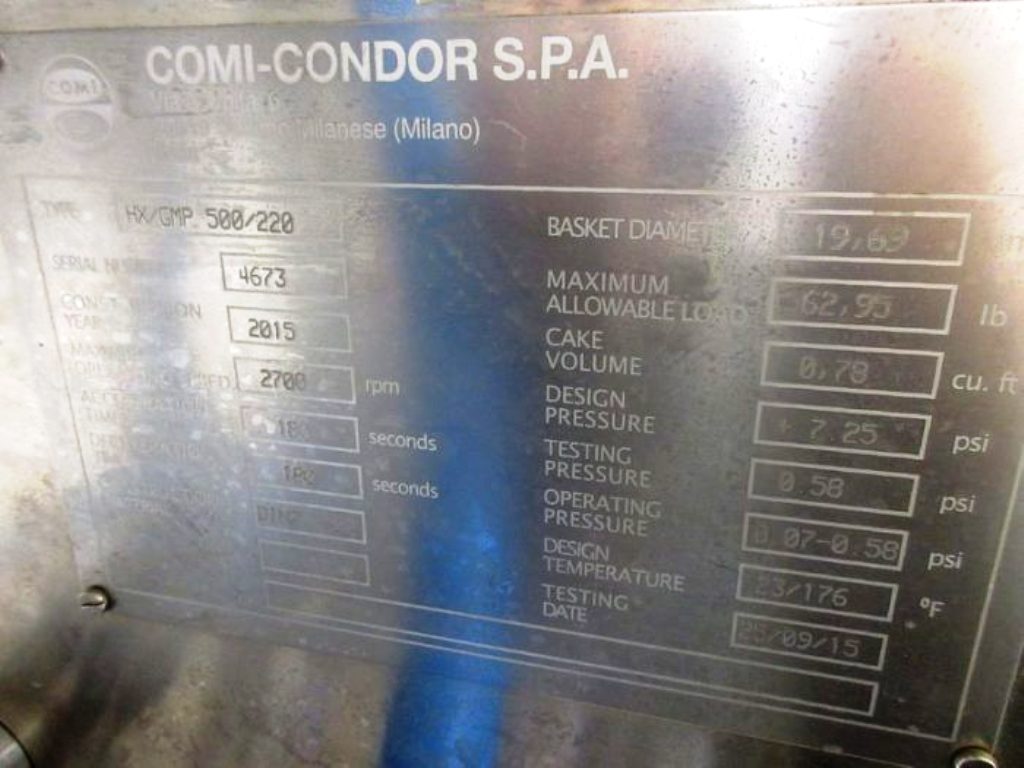 Comi-Condor HX/GMP 500/220 peeler centrifuge, Hastelloy C22.