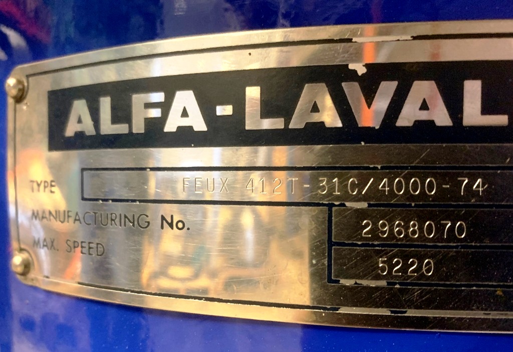 Alfa-Laval FEUX 412T-31C nozzle centrifuge, 316SS.
