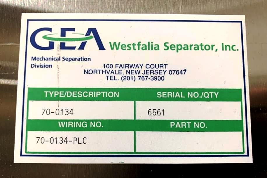 Westfalia CSC 20-06-476 hydro-hermetic clarifier skid.