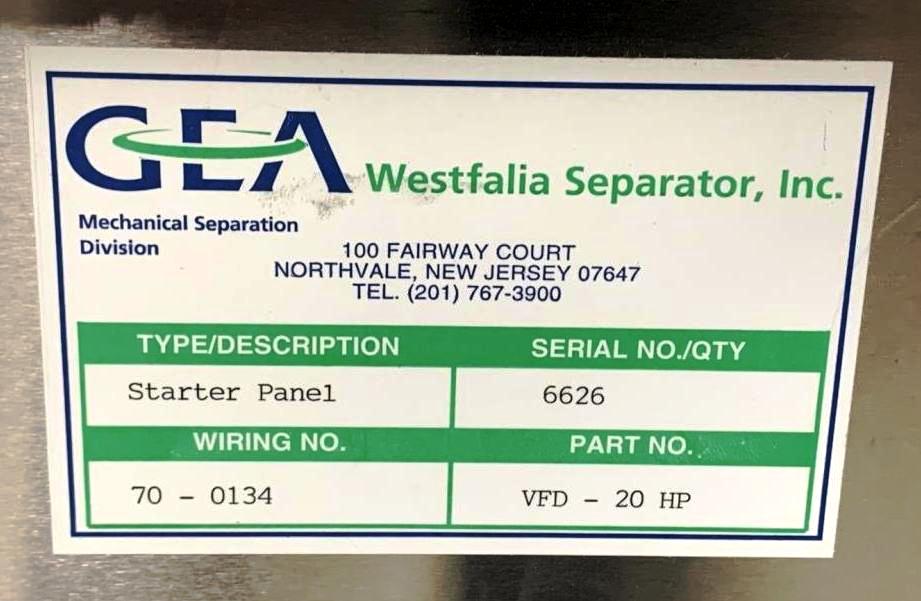 Westfalia CSC 20-06-476 hydro-hermetic clarifier skid.