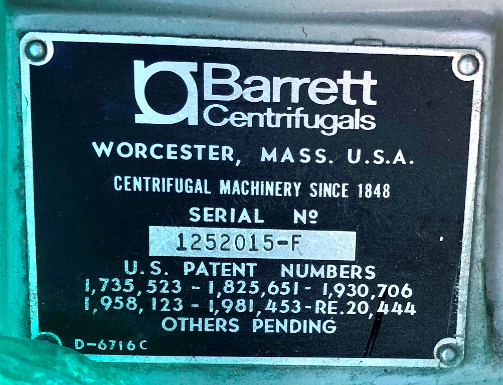 Barrett 125-F Clarifuge centrifuge, SS.