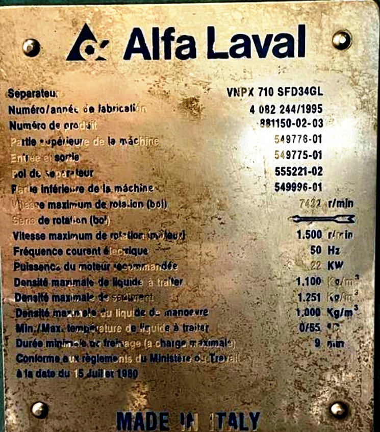 Alfa-Laval VNPX 710 SFD-34GL clarifier centrifuge, 316SS.