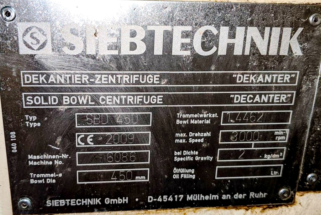 Siebtechnik SBD-450 short bowl decanter, 316SS.