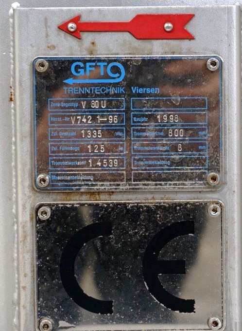 GFT Viersen V 80-U perforate basket centrifuge, 904L SS.