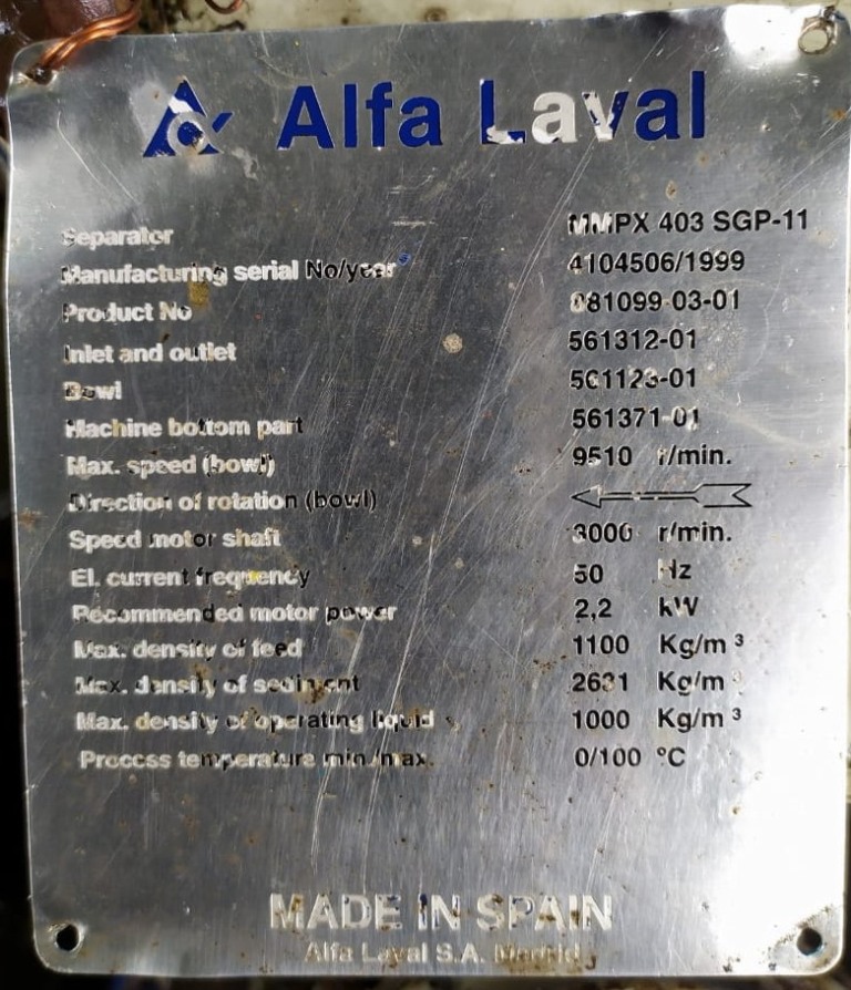 (2) Alfa-Laval MMPX 403 SGP-11 oil purifiers, 316SS.