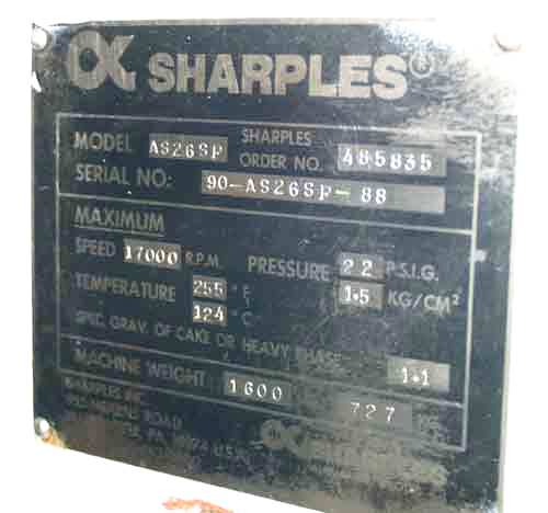 Sharples AS-26SP sanitary Super centrifuge, 316SS.