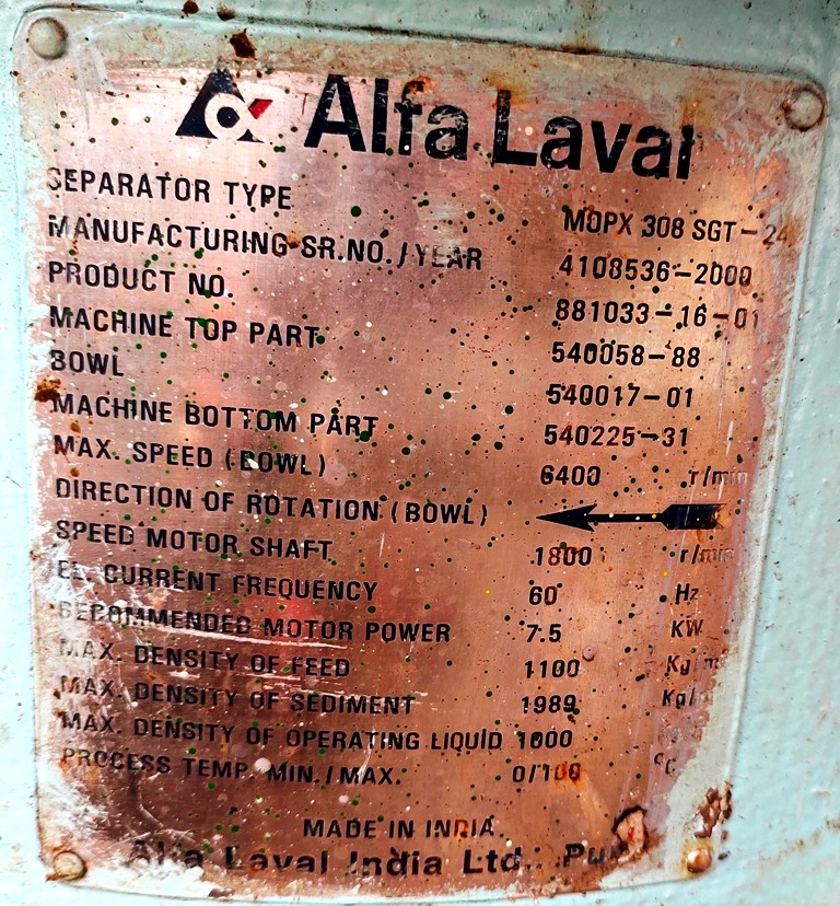 Alfa-Laval MOPX 308 SGT-24 oil purifier, 316SS.