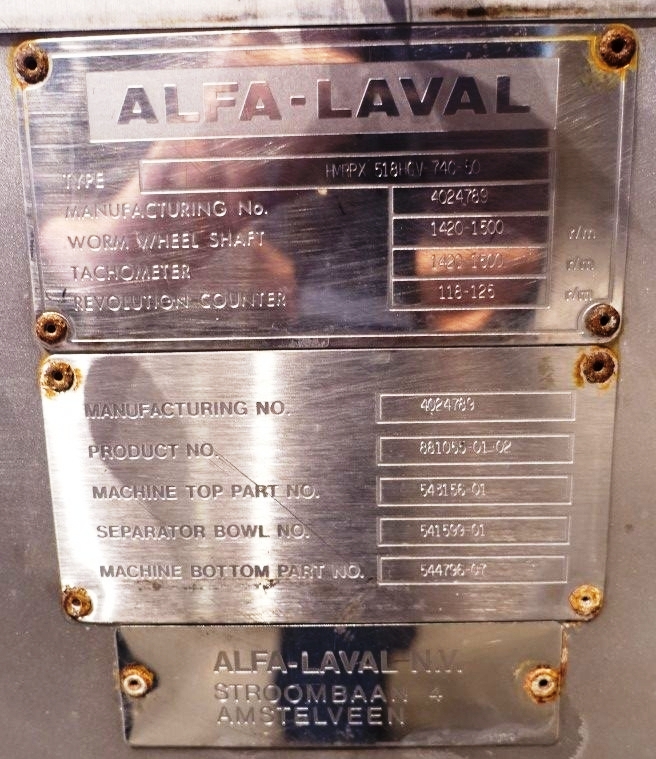 Alfa-Laval HMRPX 518 HGV-74C-50 warm milk separator, 316SS.