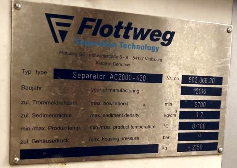 Flottweg AC 2000-420 vegetable oil clarifier, 316SS.