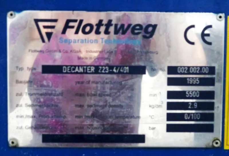 Flottweg Z23-4/401 hybrid decanter centrifuge, 316SS.